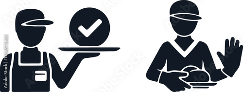 Food service icons showing serving food and offering service with a hand gesture.