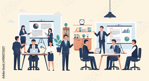 Diverse professionals in a modern office collaborate on projects, presenting data