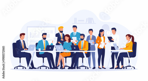 Diverse team in formal attire collaborates around a table with laptops and documents