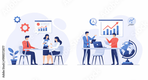 Colleagues collaborate in modern office, presenting growth charts and global data