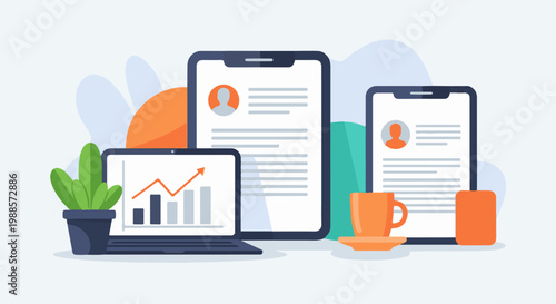 Flat design illustration of digital devices displaying charts, documents, and a coffee cup on a table