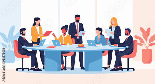 Diverse professionals collaborate around a modern conference table, engaged in discussion