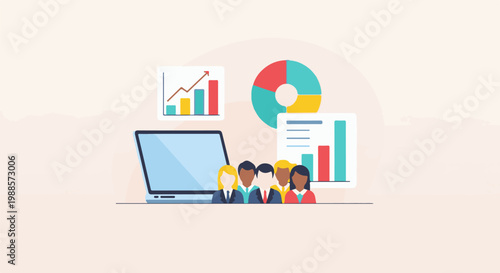 Diverse team analyzing data on a laptop with charts and graphs