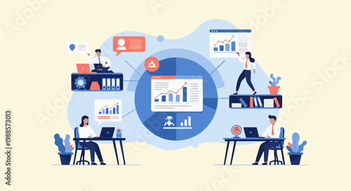 Business professionals analyze data charts and graphs using laptops and screens
