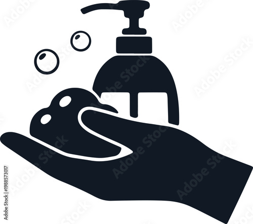 Hand washing icon with soap dispenser and bubbles promoting hygiene and cleanliness.