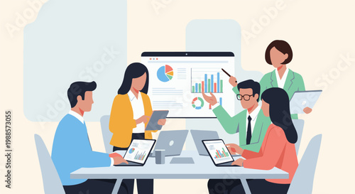 Diverse professionals collaborate in a meeting, analyzing charts on screens and a large display