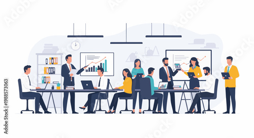 Diverse professionals collaborate in a modern office, discussing charts and data on devices