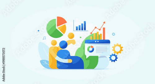 Abstract illustration of diverse people analyzing data, charts, graphs, and gears