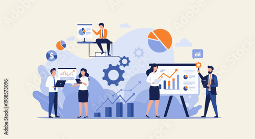 Team analyzes charts on screens, presenting business data and growth strategies