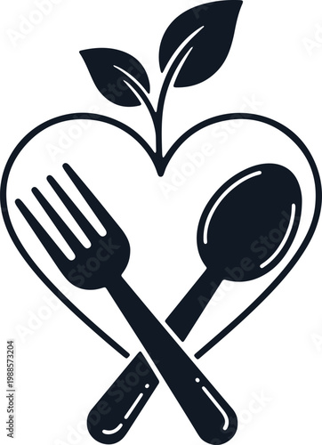 Healthy eating icon with heart shape, fork and spoon, and sprout symbolizing nutrition.