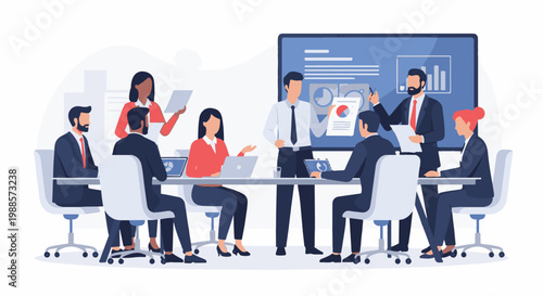 A diverse group of professionals in business attire collaborate in a modern meeting room, analyzing charts