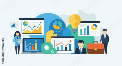 Business professionals analyze financial data, showcasing growth with charts and a light bulb for innovation