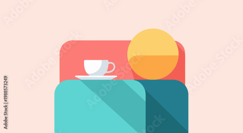 A minimalist illustration of a coffee cup and saucer on a table, beside a large sun