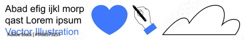 Creative design, graphic projects, templates, minimal aesthetics, flat art, visual content creation. Blue heart, pen drawing motion and a black outline cloud with text placeholders. Creative design