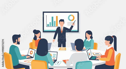 Diverse professionals gather for a business meeting, presenting data and collaborating