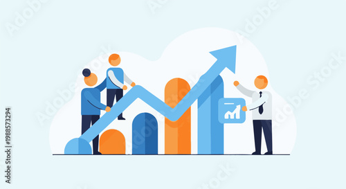 Team collaboration driving upward business growth graph