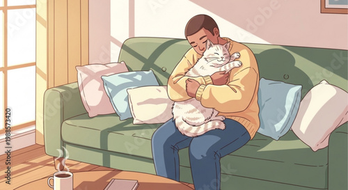 Man sitting on green couch holding white cat affectionately in living room with sunlight