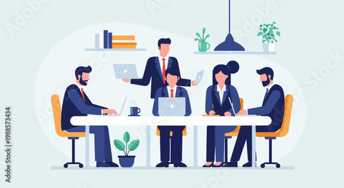 Colleagues collaborate around a modern office table, using laptops and tablets