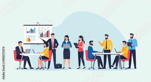 Diverse professionals collaborate on a presentation with charts and laptops