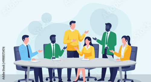 Diverse professionals gathered around a table for a discussion