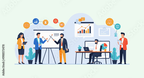 A diverse group of professionals collaborate in a modern office setting, discussing business data and strategy