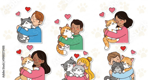 Diverse people hugging cats with hearts cute cartoon illustrations for love pets and affection