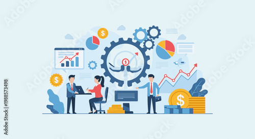 Business professionals collaborate amidst financial data visuals and gears