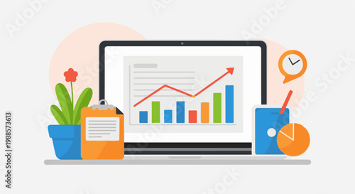 Laptop displaying growth chart with plant, clipboard, drink, and clock icons