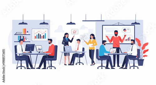 Diverse professionals collaborate on projects, analyze charts, and present data in a modern office