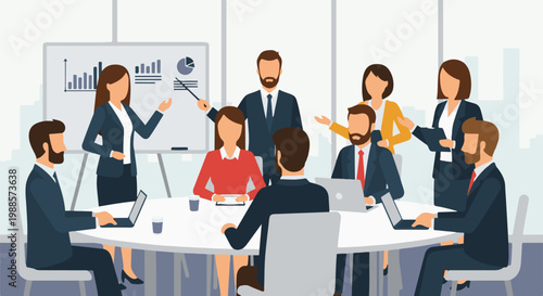 Professionals collaborate in a modern office meeting with charts on a whiteboard