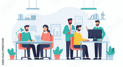 Four individuals collaborate in an office setting, working at desks with computers and discussing tasks