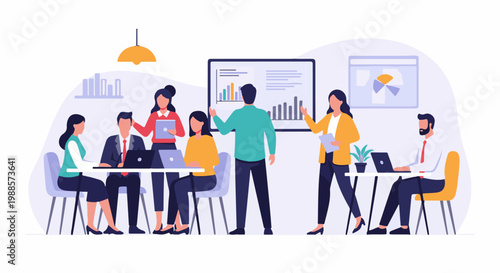 Diverse business professionals collaborating in a modern office meeting, presenting data