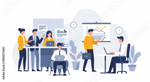 Business meeting with charts and laptops, people collaborating in a modern office space