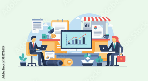 Professionals collaborate and analyze data on computers in a modern office setting