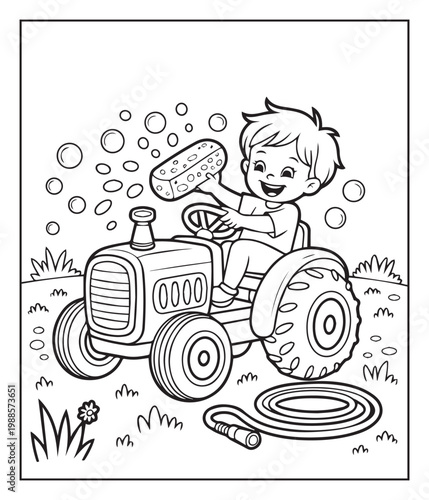 A cute farmer kid cultivate farmland with tractor black outline vector coloring page for children