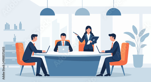 Team collaboration in a modern office setting with laptops and a presenter