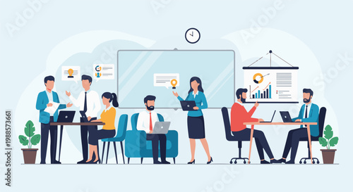 Colleagues collaborate and present data in a modern office setting with laptops and charts