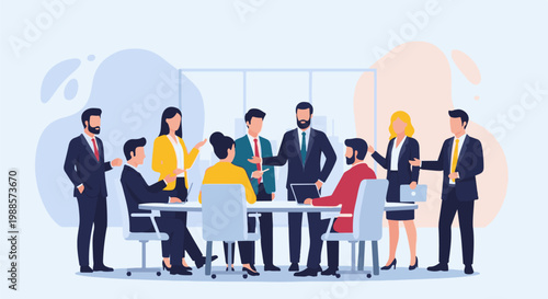 Diverse professionals gather around a table for a collaborative meeting in a modern office setting