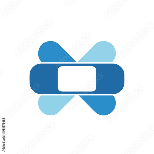 A blue stylized logo featuring a horizontal adhesive bandage shape centered over a cross or 'X' formed by four rounded, petal-like blue elements.
