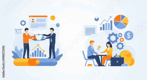 Business professionals collaborate with charts, scales, and currency symbols, representing financial growth and strategy