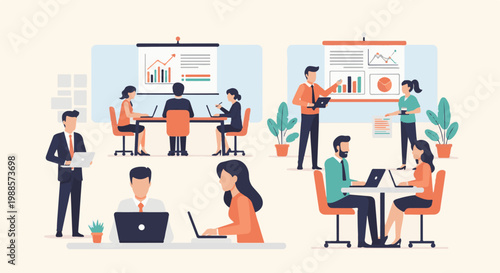 Diverse professionals collaborate in modern office settings, presenting data and working on laptops