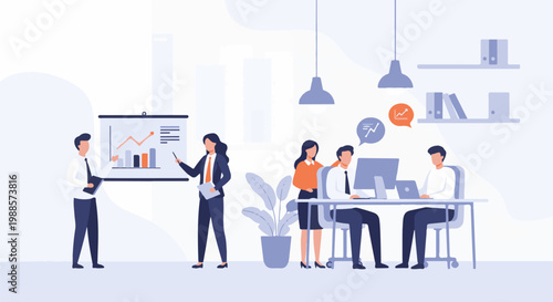 Diverse professionals in a modern office collaborate on a presentation and work at desks with computers