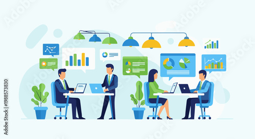 Employees collaborating on business reports with charts, graphs, and laptops in a modern office setting