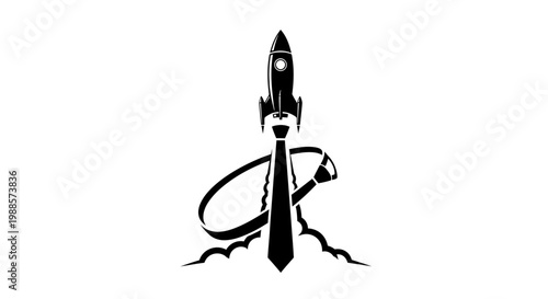 Black and white rocket ship illustration.