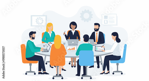 A diverse group of professionals collaborate around a table with laptops and charts (1)