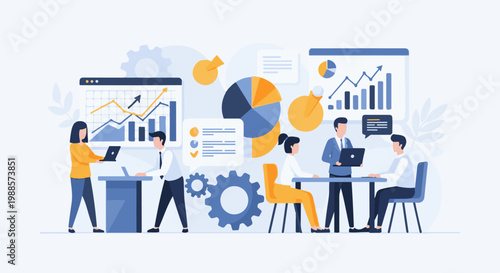 Business professionals collaborate around data charts and graphs in a modern office setting