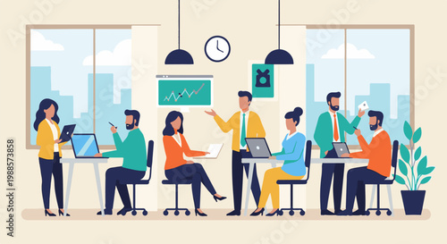 Diverse professionals collaborate in modern office, discussing data on screens with city view