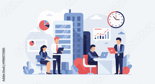 Business professionals collaborate and analyze data with charts, graphs, and laptops in a modern office setting