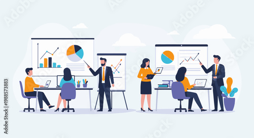 Professionals collaborate on business charts and data analysis during meetings
