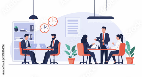 Office team collaborating around desks, using laptops with plants nearby